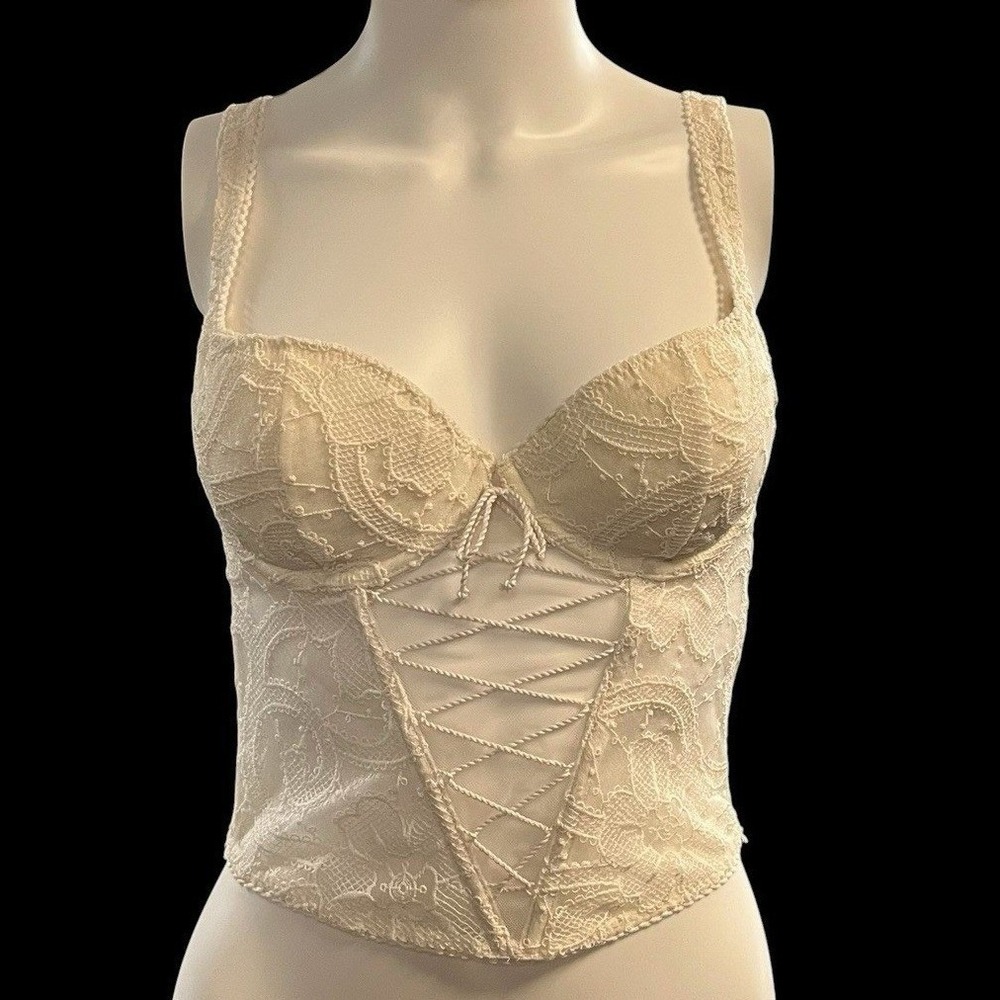 Victorias Secret Corset Top White Lace Mesh Lace Up 34C Bustier Coquette Fairy